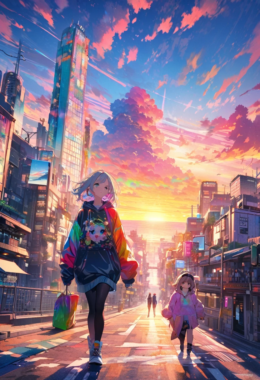 angelic, detailed woman who is walking, woman wearing hoodie, highest billding in city, road, sunrise, horizon, skyline, in the sky, city of clouds, colorful, high-res, 8K