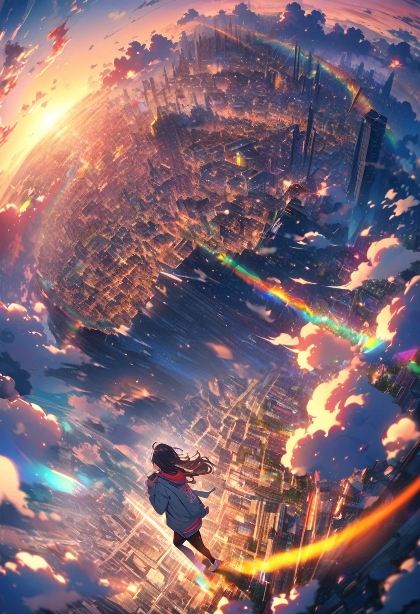 angelic, detailed woman who is walking, woman wearing hoodie, highest billding in city, road, sunrise, horizon, skyline, in the sky, city of clouds, colorful, high-res, 8K