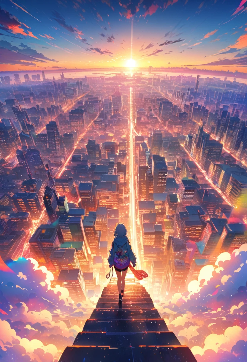 angelic, detailed woman who is walking, woman wearing hoodie, highest billding in city, road, sunrise, horizon, skyline, in the sky, city of clouds, colorful, high-res, 8K
