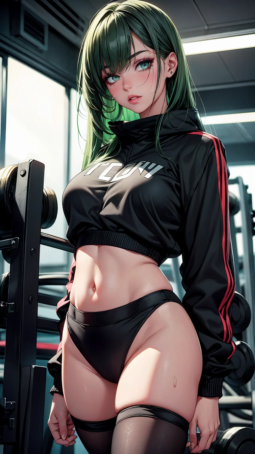 score_9, score_8_up, score_7_up, score_6_up, score_5_up, 1girl, solo, green hair, straight hair, long hair, red eyes, glowing eyes, sultry eyes, juicy lips, plump lips, glossy lips, soft blush, dolly face, eyelashes, eyeliner, large breasts, pale skin, black tights, black bralette, sweat, realistic background, gym backgroind, cinematic lightning, very detailed clothes, very detailed face, very detailed eyes, very detailed hair, ultra, best quality, masterpiece, looking at viewer, in love with the viewer.