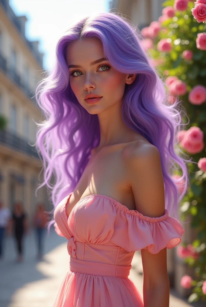 I want a person a white woman with purple hair in a pink dress in Paris