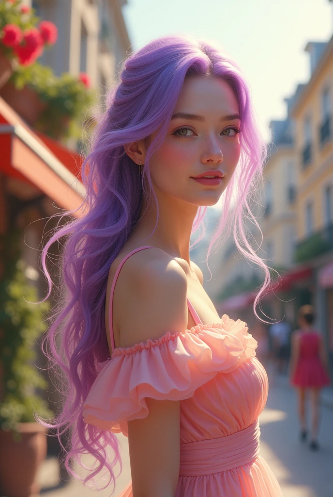 I want a person a white woman with purple hair in a pink dress in Paris