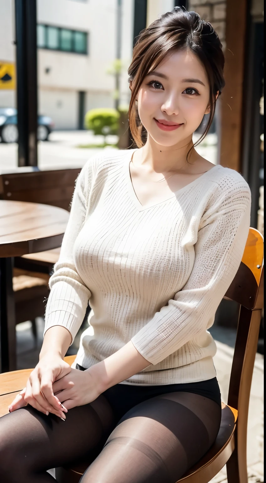 (((masterpiece))), (((Highest quality: 1.4))), ((Super detailed: 1.4)) ,A naive 3 wife、(Wearing a knitted dress)、(Ultra-realistic pantyhose:1.3)、Sitting on a chair at an open cafe、Height: 156cm, A little chubby、Japanese Model, Short Layered Hair、Of Japanese, Neat and clean Japan woman, Japanese Goddess, Innocence、RAW Photos, (In 8K、Highest quality、masterpiece:1.2)、(Intricate details:1.4)、(Photorealistic:1.4)、Octane Rendering、複雑な3DレンダリングのSuper detailed, Studio Soft Light, Rim Light, Vivid details, Super Detail, Realistic skin texture, Detailed aspect, Beautiful details in the eyes, Highly detailed CG Unity 16k wallpaper, compensate, (Detailed Background:1.2), Shiny skin、Bare thighs!!!、