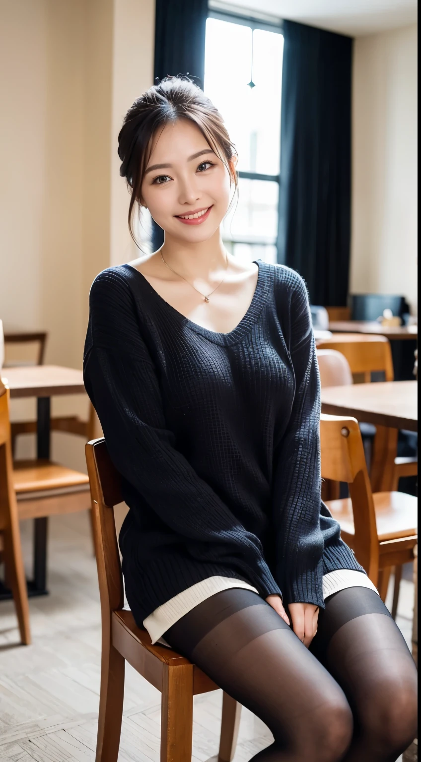 (((masterpiece))), (((Highest quality: 1.4))), ((Super detailed: 1.4)) ,A naive 3 wife、(Wearing a knitted dress)、(Ultra-realistic pantyhose:1.3)、Sitting on a chair at an open cafe、Height: 156cm, A little chubby、Japanese Model, Short Layered Hair、Of Japanese, Neat and clean Japan woman, Japanese Goddess, Innocence、RAW Photos, (In 8K、Highest quality、masterpiece:1.2)、(Intricate details:1.4)、(Photorealistic:1.4)、Octane Rendering、複雑な3DレンダリングのSuper detailed, Studio Soft Light, Rim Light, Vivid details, Super Detail, Realistic skin texture, Detailed aspect, Beautiful details in the eyes, Highly detailed CG Unity 16k wallpaper, compensate, (Detailed Background:1.2), Shiny skin、Bare thighs!!!、