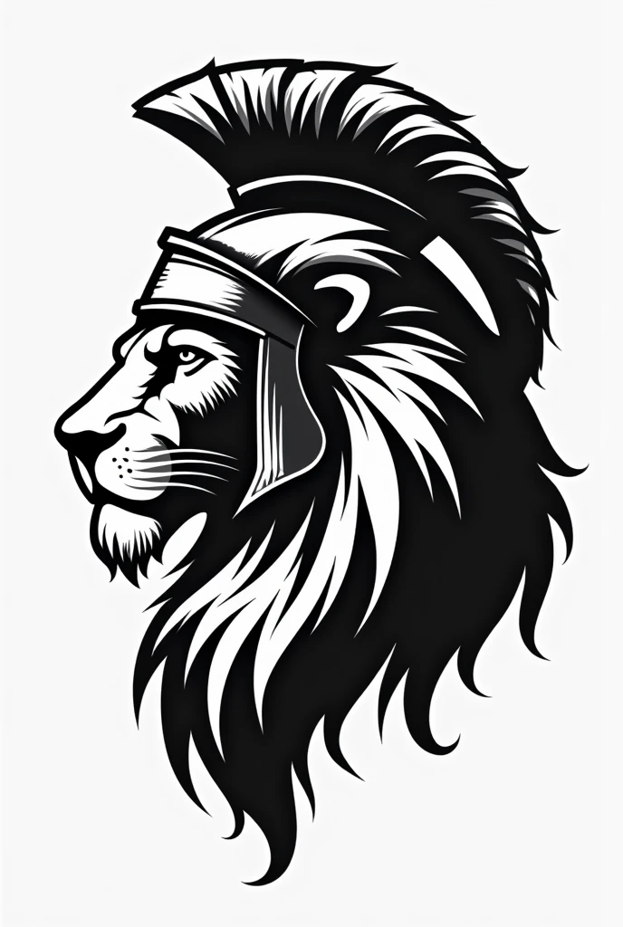 Black and White Lion head side view wearing Spartan Helmet, icon, no details
