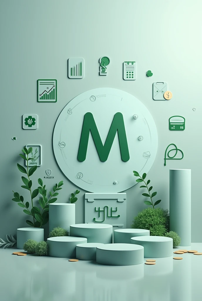 Create a Massfix Finance Profile Picture, a company specialized in glass recycling. The image must reflect the seriousness and professionalism of the financial sector, incorporating visual elements related to recycling and sustainability, Not including people. Use the Massfix logo prominently and add subtle icons that represent finance, like graphics, calculators or coins. The design should have a color palette that matches the company logo., with a simple and elegant background.