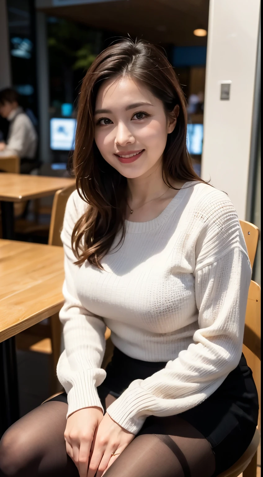 (((masterpiece))), (((Highest quality: 1.4))), ((Super detailed: 1.4)) ,A naive 3 wife、(Wearing a knitted dress)、(Ultra-realistic pantyhose:1.3)、Sitting on a chair at an open cafe、Height: 156cm, A little chubby、Japanese Model, Short Layered Hair、Of Japanese, Neat and clean Japan woman, Japanese Goddess, Innocence、RAW Photos, (In 8K、Highest quality、masterpiece:1.2)、(Intricate details:1.4)、(Photorealistic:1.4)、Octane Rendering、複雑な3DレンダリングのSuper detailed, Studio Soft Light, Rim Light, Vivid details, Super Detail, Realistic skin texture, Detailed aspect, Beautiful details in the eyes, Highly detailed CG Unity 16k wallpaper, compensate, (Detailed Background:1.2),　Shiny skin、Bare thighs!!!、