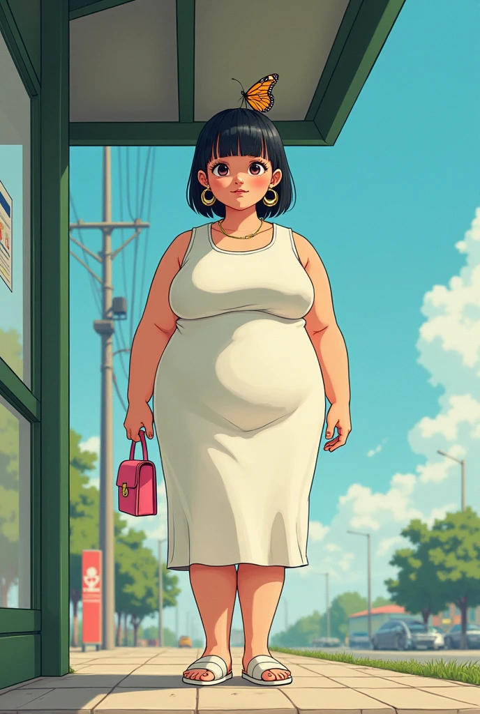a young looking very fat woman with short straight hair, wearing big round rings, and a white dress to her thigh, and white sandals , standing at the bus stop looking away at the distance. She's carrying a small pink purse, and a small butterfly is on her head.