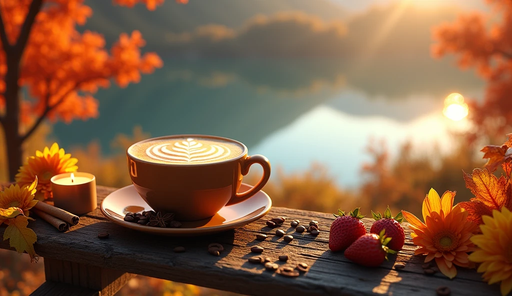 coffee latte with small candle, coffee beans, cinnamon sticks, star anise pods, autumn leaves, yellow flowers and strawberries scattered around with a very striking presentation in the drink on table , bench,sunset,daisies, autumn, background of a beautiful serene lake, sunlight sparkling on the water, red and yellow autumn trees reflecting in the calm blue water, (best quality,4k,8k,highres,masterpiece:1.2),ultra-detailed,(realistic,photorealistic,photo-realistic:1.37),landscape,vibrant colors,dramatic lighting,warm tones,golden hour,tranquil,peaceful, close-up