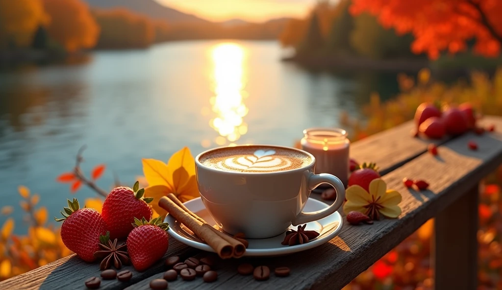 coffee latte with small candle, coffee beans, cinnamon sticks, star anise pods, autumn leaves, yellow flowers and strawberries scattered around with a very striking presentation in the drink on table , bench,sunset,daisies, autumn, background of a beautiful serene lake, sunlight sparkling on the water, red and yellow autumn trees reflecting in the calm blue water, (best quality,4k,8k,highres,masterpiece:1.2),ultra-detailed,(realistic,photorealistic,photo-realistic:1.37),landscape,vibrant colors,dramatic lighting,warm tones,golden hour,tranquil,peaceful, close-up