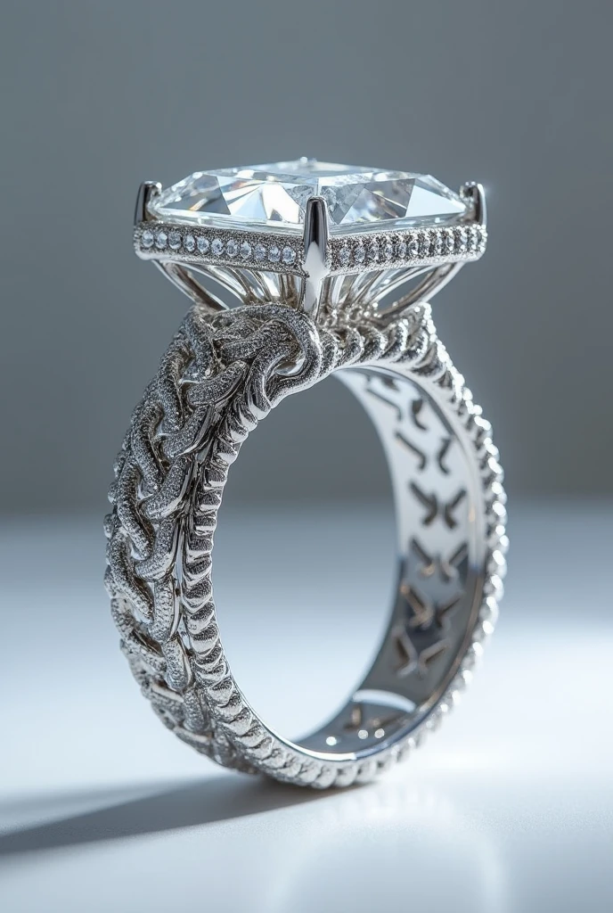 a huge platinum and diamond wedding ring, braided on the sides, with the square cut stone in the middle.
