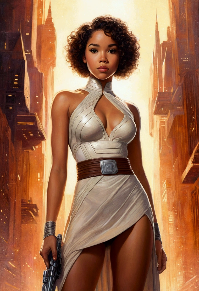 An illustrated movie poster, hand-drawn, full color, a teenage Jedi, 18-years-old, female, wearing a mini-dress, athletic hourglass figure, busty bosoms, full wide , massive round , long shapely legs, ridiculously thick powerful thighs, hazel eyes, dark hair,  curly bob cut, warm brown complexion, resembles Alexandra Shipp, standing above Coruscant, graphite shading, stencil marks, airbrushed acrylic paint, masterpiece, in the style of Drew Struzan 