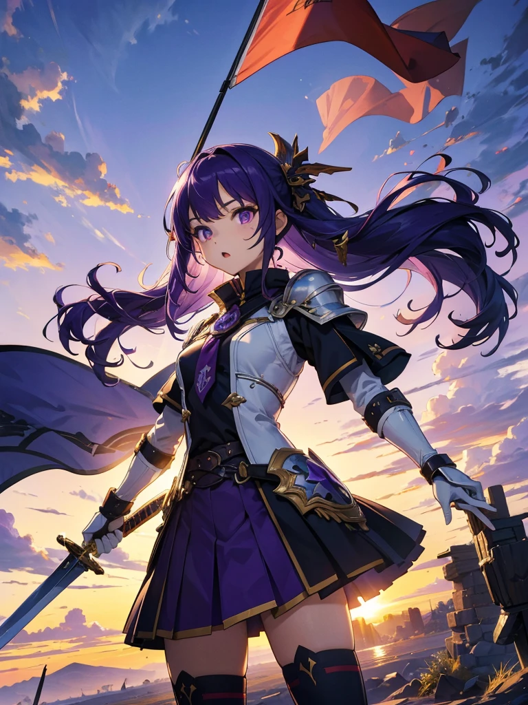 masterpiece,Highest quality,One person,Costume 1,,sunrise,dawn,holding flag,Open your mouth,sword,Purple Hair,Purple Eyes,Upside down hair、armorを着た、White Theme,armor,Portraiture,crowd,Swarm,flag,waving flag