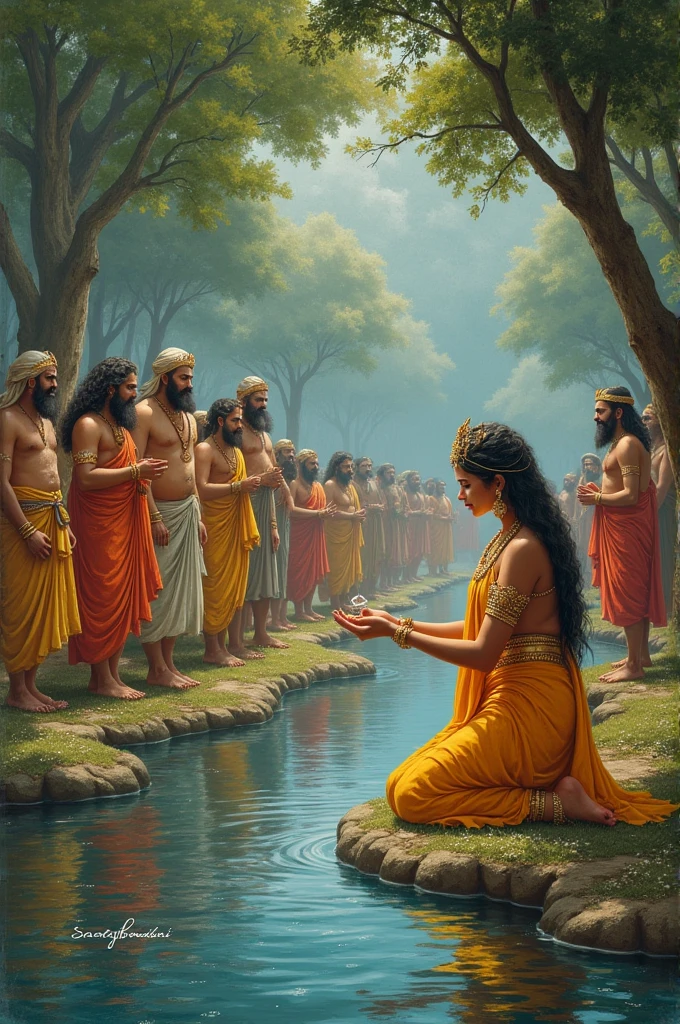 Indian mythology stoey of Saint at pond by krishna eating a piece of rice filled the stomach of hundred saints who demanded food to draupadi 