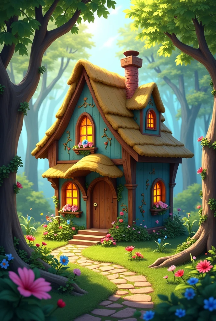 Draw a fairy tale house in a magical forest. 