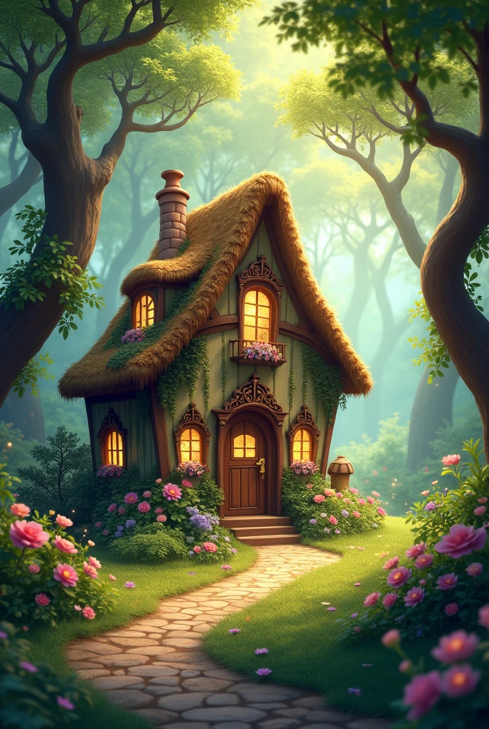 Draw a fairy tale house in a magical forest.