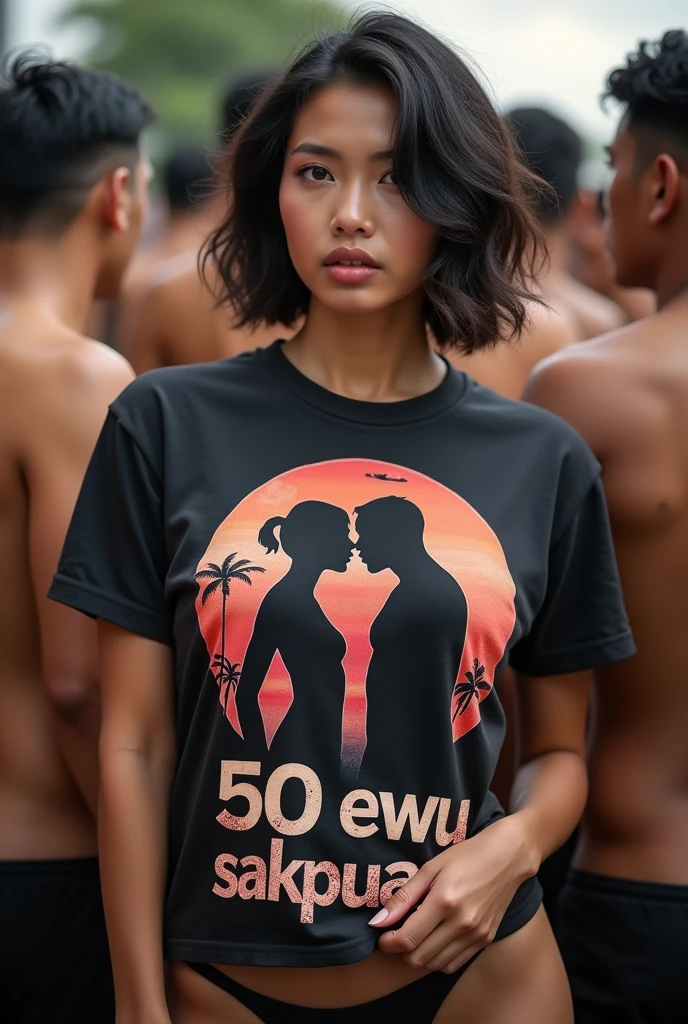 A beautiful Indonesian girl, wearing a t-shirt with a strong vector design featuring a silhouette image of a naked couple having sex in black colour. The sentence "50 EWU SAKPUASE" is displayed with bold and distressed typography pastel tone, short wavy hair, in a public place, surrounded by many naked men, large and sexy breasts, the pantiens reads "(OBRAL)" underwear, with a shooting angle from the front, very realistic, (complex detail: 0. 9), (hdr, hyperdetail: 1.2), RAW, Sony Alpha a9 II, 24-105mm f/4, HDR,