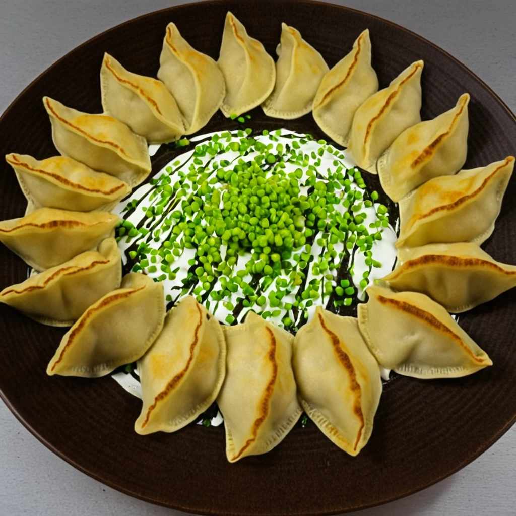 ((One side is brown and discoloured)).((Baked dumplings)),((crescent shaped gyoza:1.********u can see the minced meat through the dough...))、These dumplings are made from wheat flour dough rolled out thinly and shaped into semicircular shapes...、Put a lot of fried dumplings on a plate、Arrange the fried dumplings on a plate to make a mountain shape.