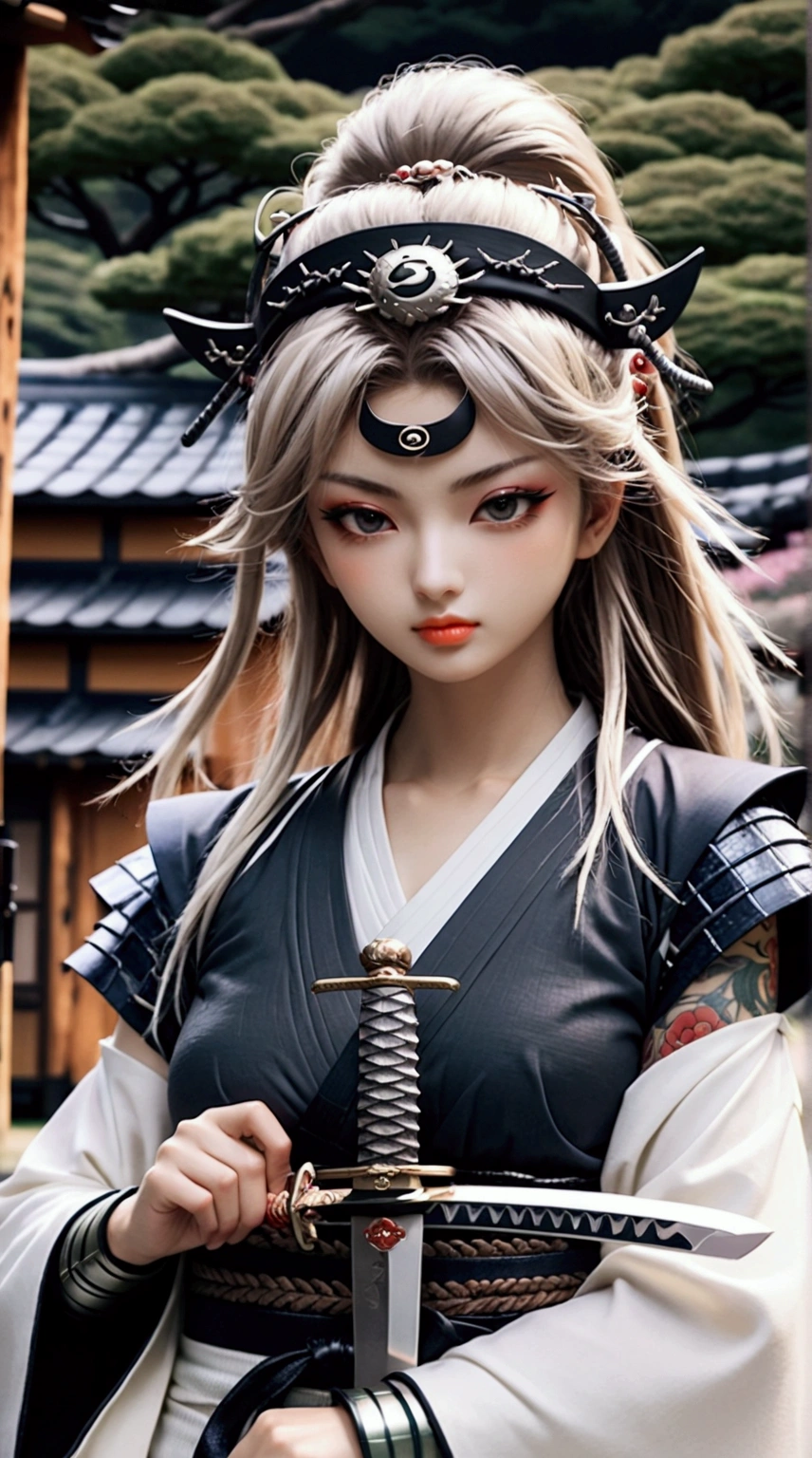 (Japanese sword &reference;Muramasa 2&reference;.2)Beautiful 2 woman、Japanese swordを持った女性、Shinobi Costume、Warrior、Clear Eyes、{Arm tattoo、Warrior、Realistic battle scenes、敵Warriorの返りBlood、Blood、High resolution、Highest quality、Very detailed、8k、background、