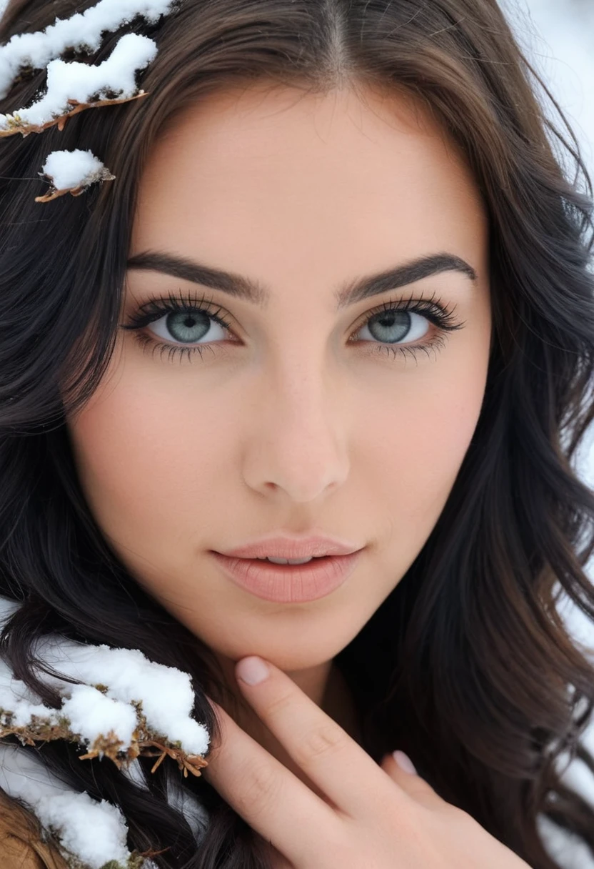 Photo détaillée et réaliste prise par un français, Yeux verts ronds, Cheveux longs et luxuriants, tiré de l'extérieur, pull tricoté noir, beaux gros seins, trait du visage fin, nez fin, texture de la peau, (Prise de vue complète du corps:1.3), lèvres pulpeuses, éclairage naturel doux, objectif 85 mm, photographie magique, Éclairage dramatique, réalisme photographique, ultra détaillé, composition intime, Cinéstill 800T, point de vue scientifique, tons apaisants, Éclairage de contour, fond de forêt d'hiver