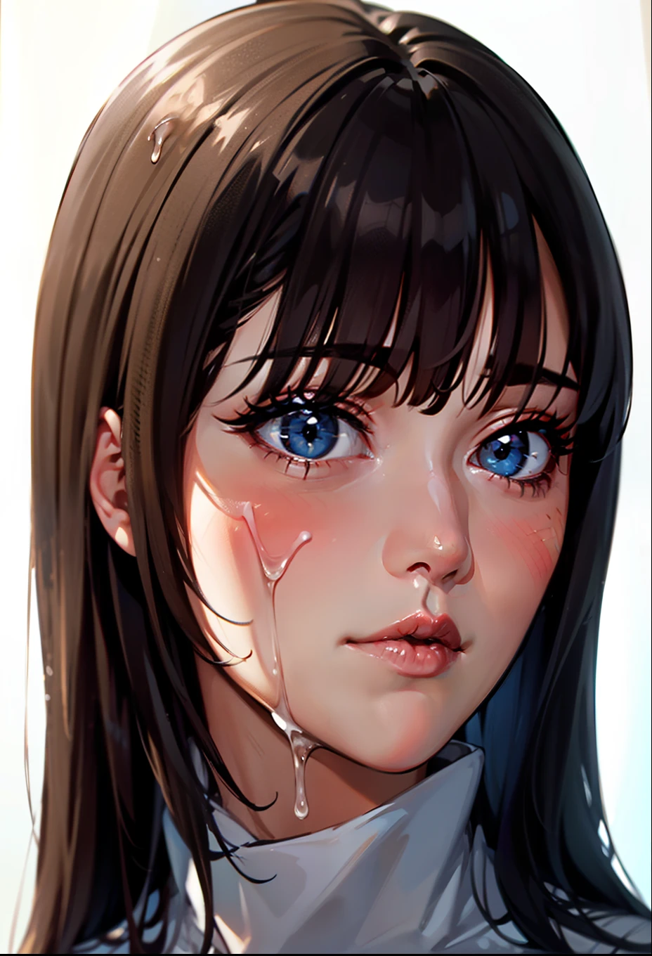 1 girl, black hair, esmerald (blank) (white background), light atmosphere, (light lighting), dark facial makeup, ((erotic expression))((face covered in semen))