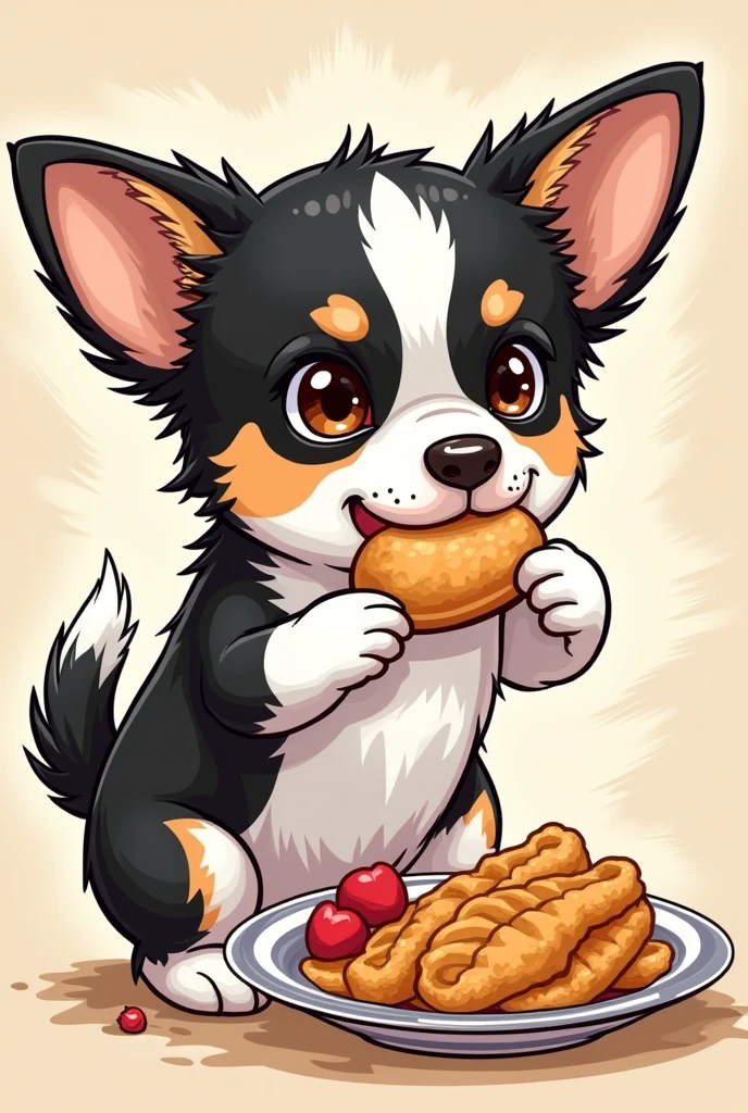 Chihuahua, black and white face, white body, black sides of belly, black butt, fluffy ears, brown eyebrows, sparkling eyes, manga style, whole body eating food, LINE stamp style, two short legs