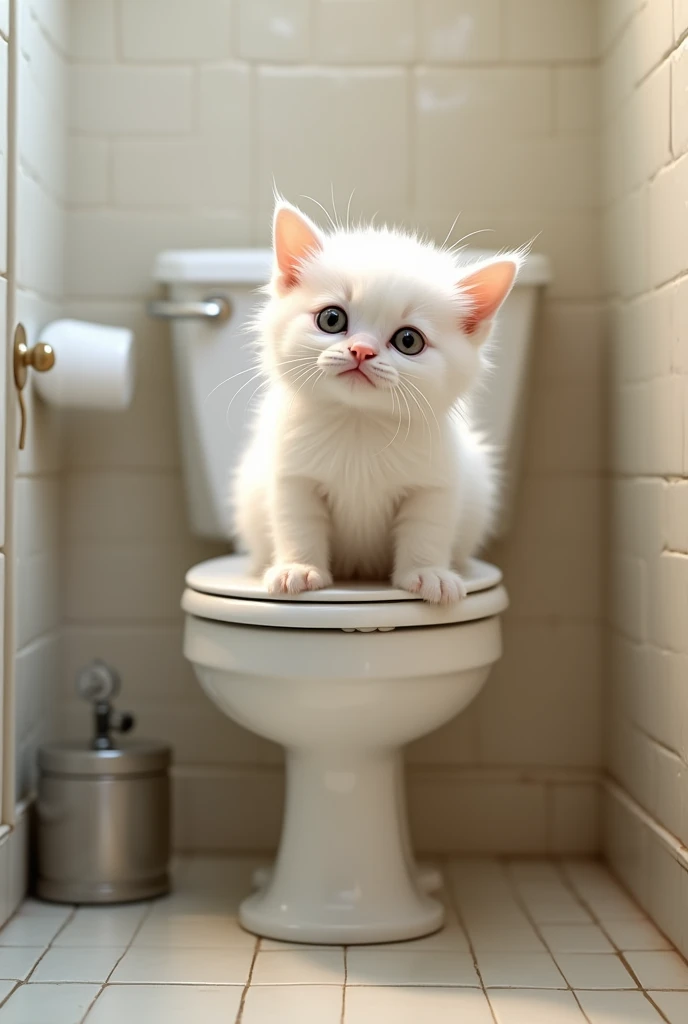 White kitten doing toilet on bathroom