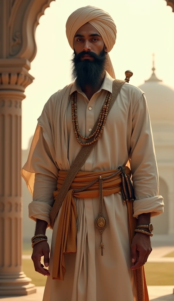 A dignified Sikh man standing tall, wearing a traditional turban (dastar) and a neatly tied beard. He is dressed in a traditional kurta and adorned with the five articles of faith, including a visible kirpan—a ceremonial sword—worn gracefully at his side. The setting is serene, with soft natural light illuminating his figure, highlighting his calm and composed expression. The background is minimal, perhaps showing a glimpse of a Gurdwara or a natural landscape, emphasizing his spiritual and cultural identity. The overall atmosphere reflects honor, strength, and devotion