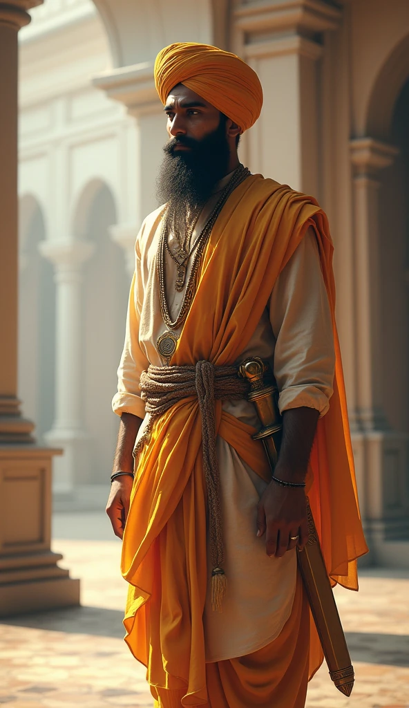 A dignified Sikh man standing tall, wearing a traditional turban (dastar) and a neatly tied beard. He is dressed in a traditional kurta and adorned with the five articles of faith, including a visible kirpan—a ceremonial sword—worn gracefully at his side. The setting is serene, with soft natural light illuminating his figure, highlighting his calm and composed expression. The background is minimal, perhaps showing a glimpse of a Gurdwara or a natural landscape, emphasizing his spiritual and cultural identity. The overall atmosphere reflects honor, strength, and devotion