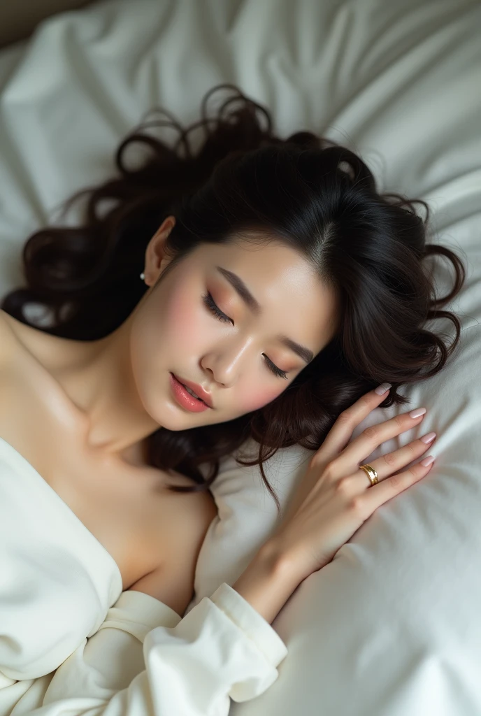 Beautiful Japan Woman, Mature Woman, glamorous, Dark Brown Hair, Wavy Hair, Lying on bed with white sheets, Sleeping, Eyes closed,