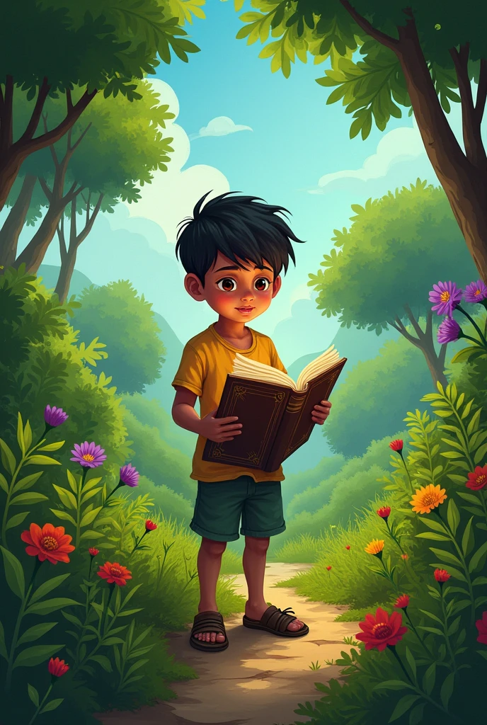 Here are the prompts in Hindi for generating images based on each sentence of the story:

1. **पहला वाक्य:** एक गाँव के हरे-भरे परिदृश्य के बीच एक लड़का राम खड़ा है, उसकी आँखों में उत्सुकता है, और उसके हाथ में एक रहस्यमयी पुरानी किताब है जिसे उसने अभी-अभी जंगल में खोजा है।
   
2. **दूसरा वाक्य:** किताब के पन्ने पलटते हुए, हर पन्ने पर एक रहस्यमय और डरावना दृश्य दिख रहा है, और जैसे ही वह अगले पन्ने की ओर बढ़ता है, एक अदृश्य शक्ति उसके हाथ को रोक देती है।

3. **तीसरा वाक्य:** राम उत्सुकता से आखिरी पन्ने को पलटता है, जहाँ एक चेतावनी लिखी है: "अगर तुमने इस किताब को पूरा पढ़ लिया, तो तुम्हारी सबसे बड़ी कमजोरी सामने आ जाएगी।"

4. **चौथा वाक्य:** राम डरते हुए किताब को बंद कर देता है, उसके चारों ओर एक अनजाना डरावना माहौल बन जाता है, और अचानक, किताब उसके हाथ से गायब हो जाती है।

5. **अंतिम वाक्य:** जंगल में राम अकेला खड़ा है, उसकी आँखों में उलझन है, वह यह समझने की कोशिश कर रहा है कि उसकी कमजोरी क्या हो सकती है, और जवाब ढूंढते हुए जंगल में खो जाता है।