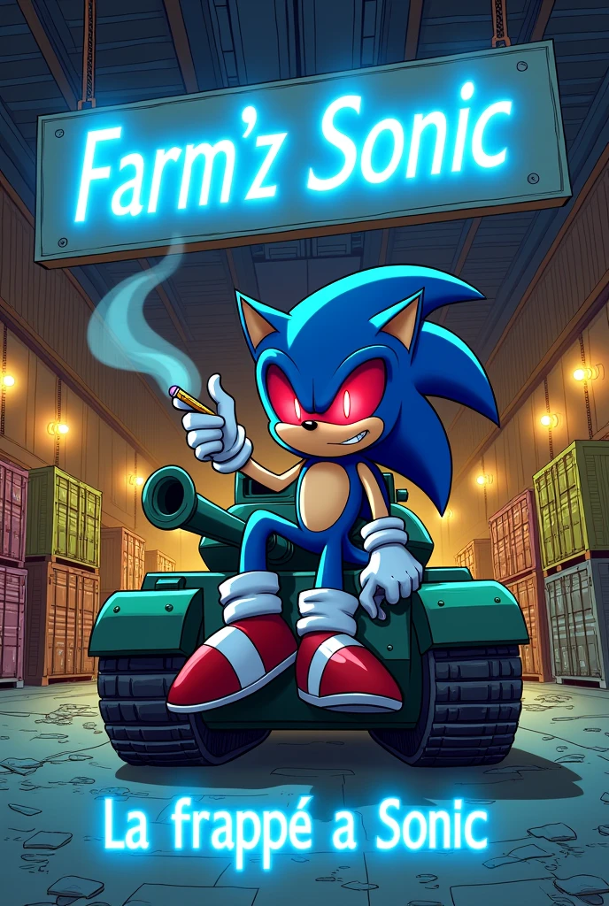 grand entrepôt avec des cargaisons de weed dans le fond avec une grande pancarte en haut ou il y'a ecrit Farm'z Sonic en bleu et il y'a sonic avec les yeux rouge qui fume un joint assis sur un tank et il y'a ecrit la frappe a sonic en bas du tank en bleu en cartoon