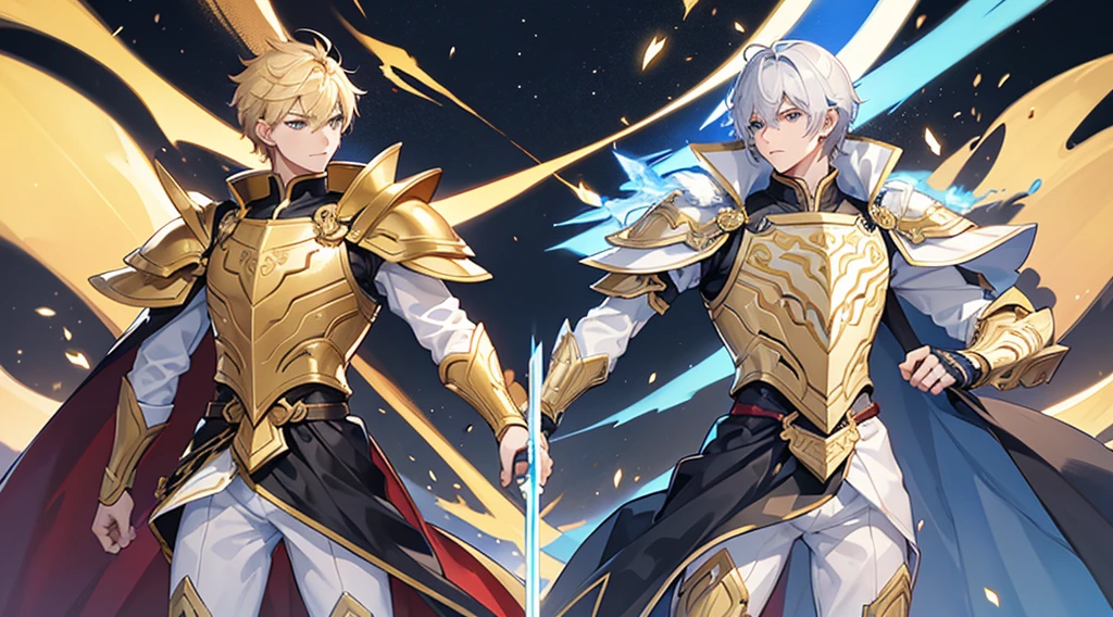 21:55:Like the picture on the right of 11.。Make the shoulders of the armor bigger。Short Hair。handsome man　Gentle expression　Calm expression　1　Blonde　Blue Eyes　Golden Western Armor　beautiful sword　Perfect body　One in the center　Slim body　Thin legs　Exceptional athletic ability
