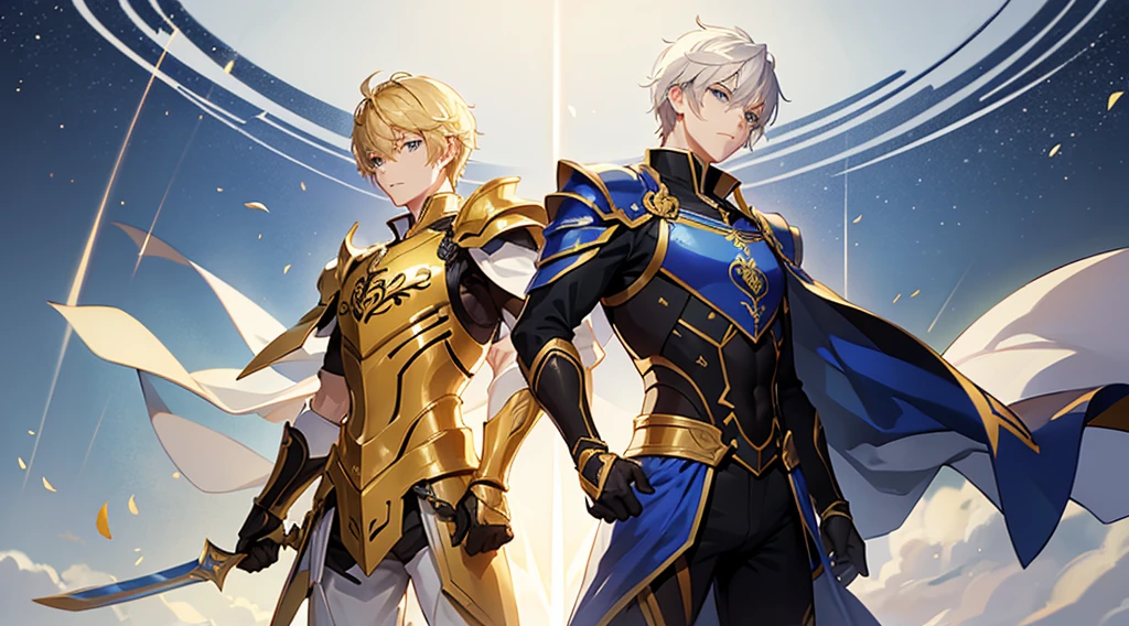 21:55:Like the picture on the right of 11.。Make the shoulders of the armor bigger。Short Hair。handsome man　Gentle expression　Calm expression　1　Blonde　Blue Eyes　Golden Western Armor　beautiful sword　Perfect body　One in the center　Slim body　Thin legs　Exceptional athletic ability

