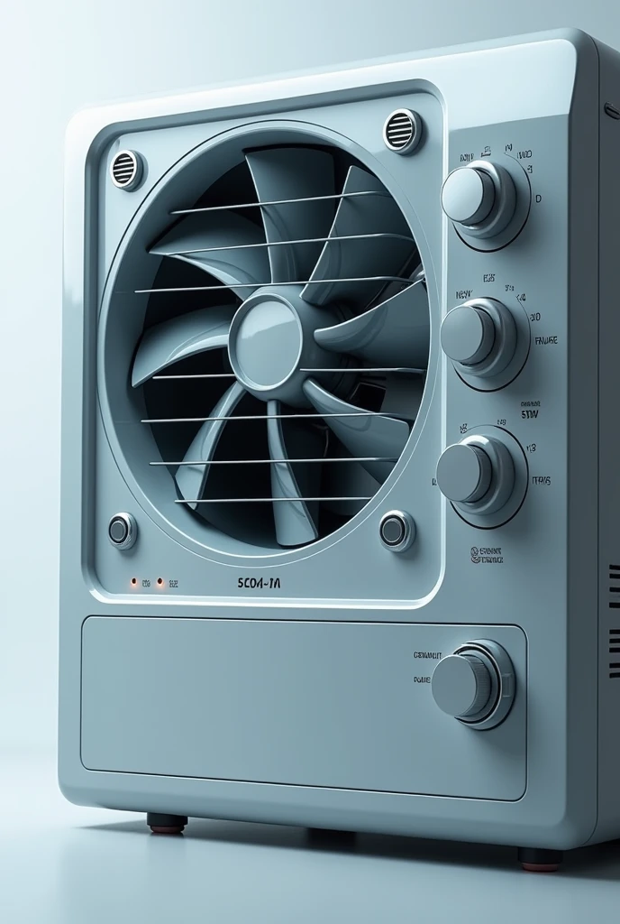 Make an air conditioner with an integrated fan that can be seen from the outside and that has a thermostat next to the fan and three levers next to the thermostat now with a power button