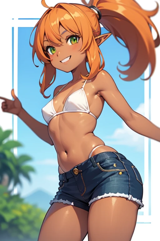 (High definition) (masterpiece), (tanned skin), Young elf girl, wide hips, small breasts, slender body, big thighs, beautiful legs, medium orange hair, green eyes, wearing white bikini top, black jeans shorts, with ponytail, relaxed pose, smiling