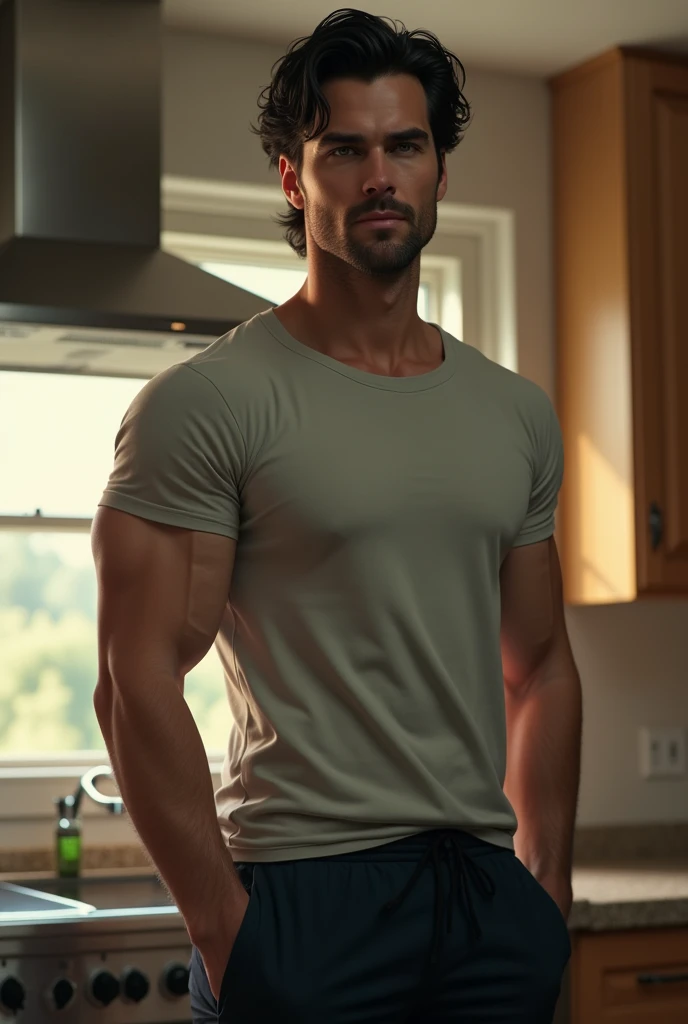 1 men, 3, in a kitchen, standing, standing alone, only one man in the image, Bblack hair, Cao Cao, wearing pants and t-shirt, strong bodie, greeneyes, all-body, role model, realisitic, sexly. Face with marked features, subtle smile. comely. Henry Cavil style.