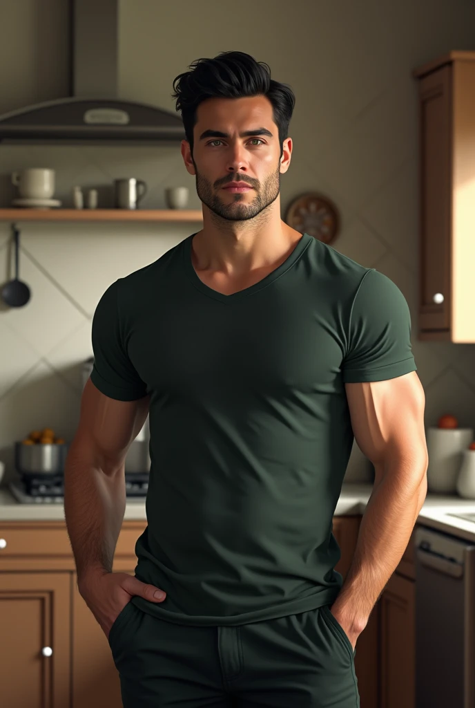 1 men, 3, in a kitchen, standing, standing alone, only one man in the image, Bblack hair, Cao Cao, wearing pants and t-shirt, strong bodie, greeneyes, all-body, role model, realisitic, sexly. Face with marked features, subtle smile. comely. Henry Cavil style.