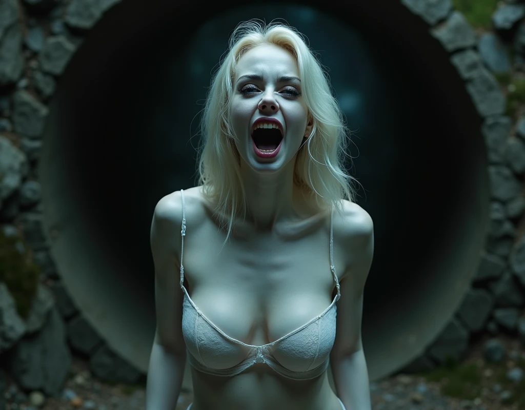 A dimly lit, abandoned tunnel deep in the mountains becomes a surreal setting for a mysterious encounter. The camera captures the subjective perspective of an observer as a stunning, ethereal beauty emerges from the shadows. Wearing a sheer white negligee, she stands like a ghost, her pale face and black lips radiating otherworldly allure. Her voluptuous body and large breasts seem to hypnotize, drawing the viewer's gaze. As she looks up, her head slightly tilted down, her piercing stare freezes the observer before erupting into a wicked, maniacal laugh that sends shivers down the spine., perfectly beautiful body, super detailed skin, glossy skin, Beautifully detailed mouth, beautifully detailed teeth, beautifully detailed fangs, beautifully detailed tongue, beautifully detailed lips, masterpiece, incredibly absurd res, absolutely resolution, ultra high res,