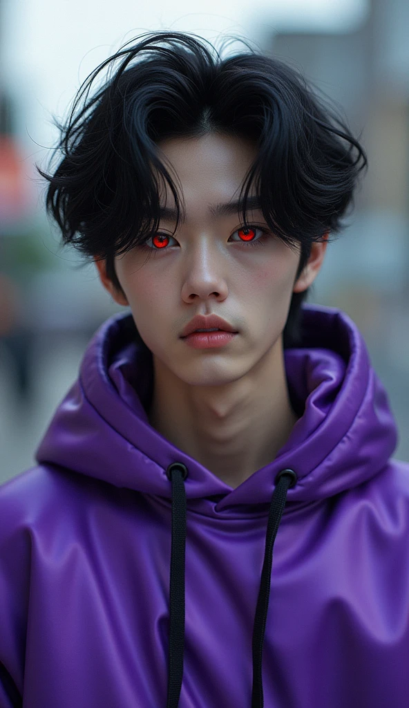 1 boy, handsome boy, black hair, comma hair, forehead comma hair, korean hair, street style, Purple hoodie, shiny, Red eyes, looking at viewer, upper body, shy face