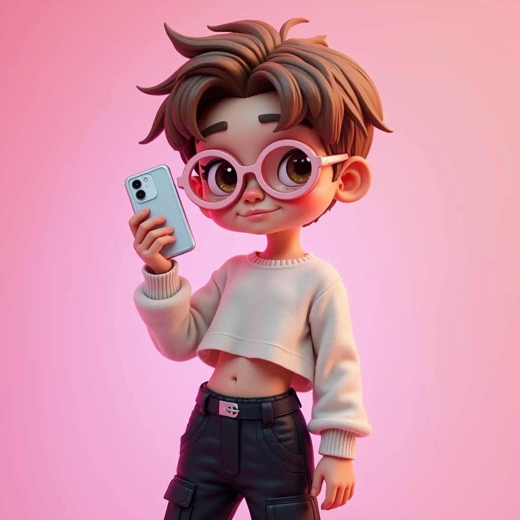 1boy avec les cheveux brun clair courts avec des yeux brun foncé et des lunette ovale rose blanc avec un crop top en laine blanc et un cargo noir et il tient son iPhone dans une main avec un coque transparent et il a un visage trés expressif il est rapproché de la photo ￼
Fond filtre rose 
Style snapchat rose￼￼