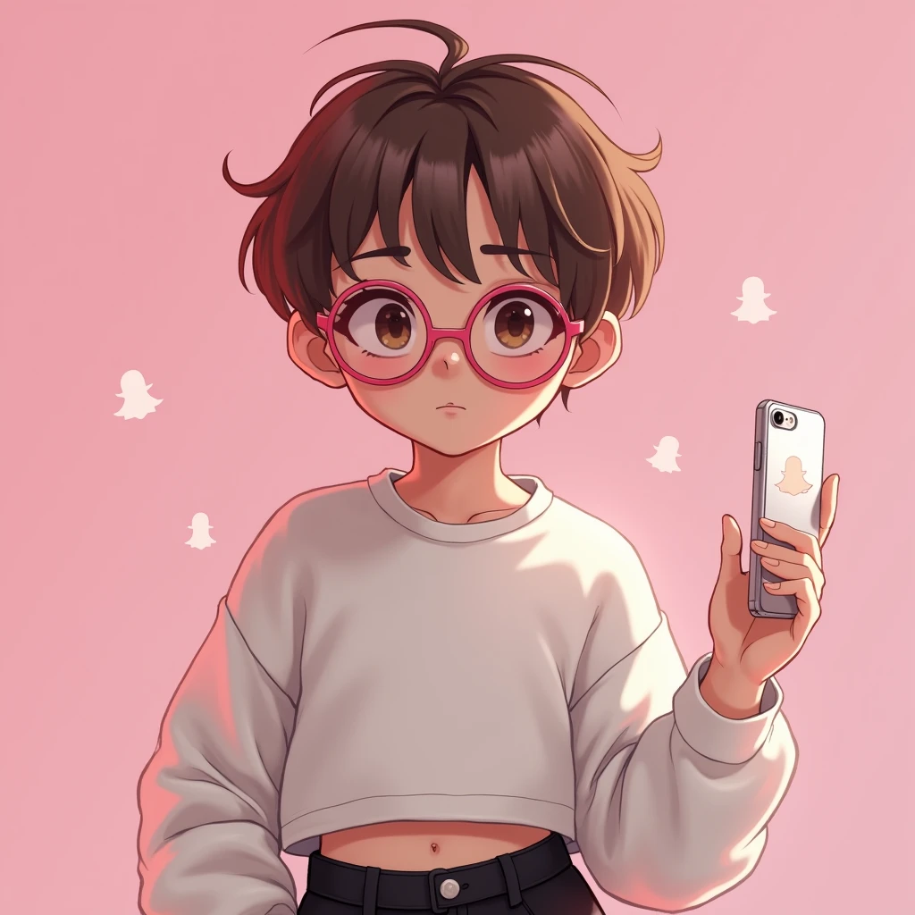 1boy avec les cheveux brun clair courts avec des yeux brun foncé et des lunette ovale rose blanc avec un crop top en laine blanc et un cargo noir et il tient son iPhone dans une main avec un coque transparent et il a un visage trés expressif il est rapproché de la photo 
Fond filtre rose
Style snapchat rose