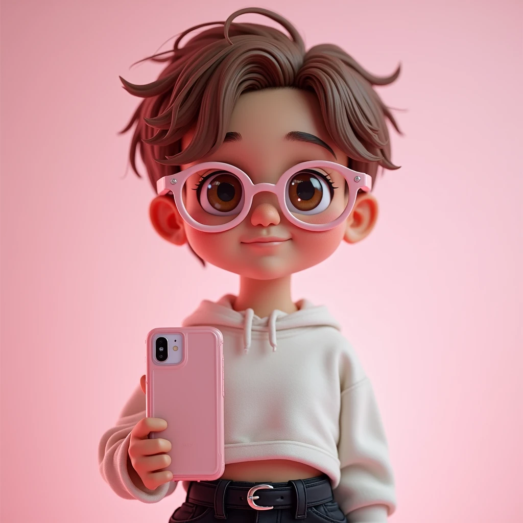 1boy avec les cheveux brun clair courts avec des yeux brun foncé et des lunette ovale rose blanc avec un crop top en laine blanc et un cargo noir et il tient son iPhone dans une main avec un coque transparent et il a un visage trés expressif il est rapproché de la photo ￼
Fond filtre rose 
Style snapchat rose￼￼