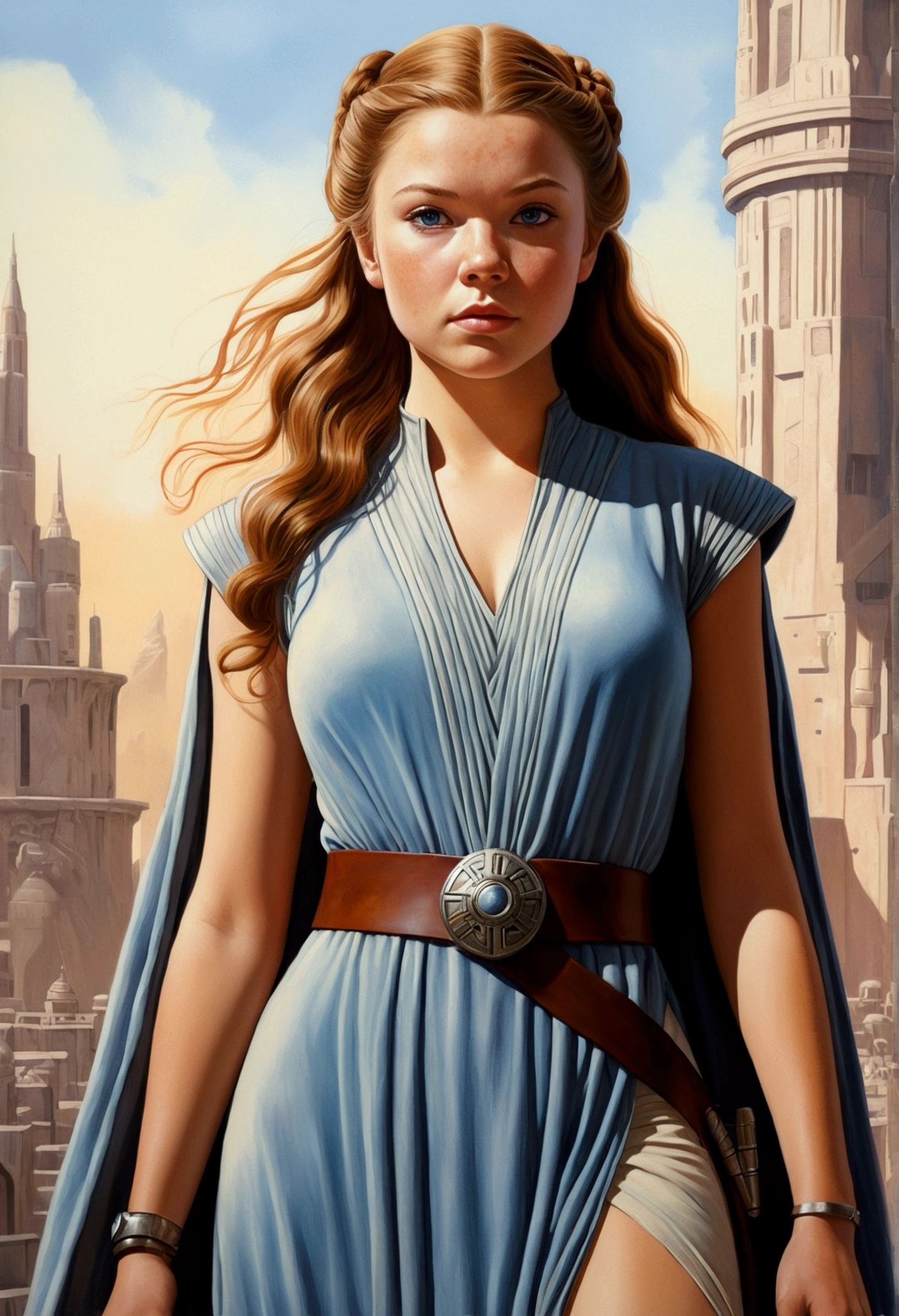 An illustrated movie poster, hand-drawn, full color, a age Jedi, 18-years-old, female, wearing a tunic and leggings, athletic hourglass figure, busty bosoms, full wide hips, massive round butt, long shapely legs, ridiculously thick powerful thighs, pale blue eyes, mousy brown hair, thick shaggy bangs, rosy sun-kissed complexion, freckles, resembles Margaery Tyrell, standing above Coruscant, graphite shading, stencil marks, airbrushed acrylic paint, masterpiece, in the style of Drew Struzan