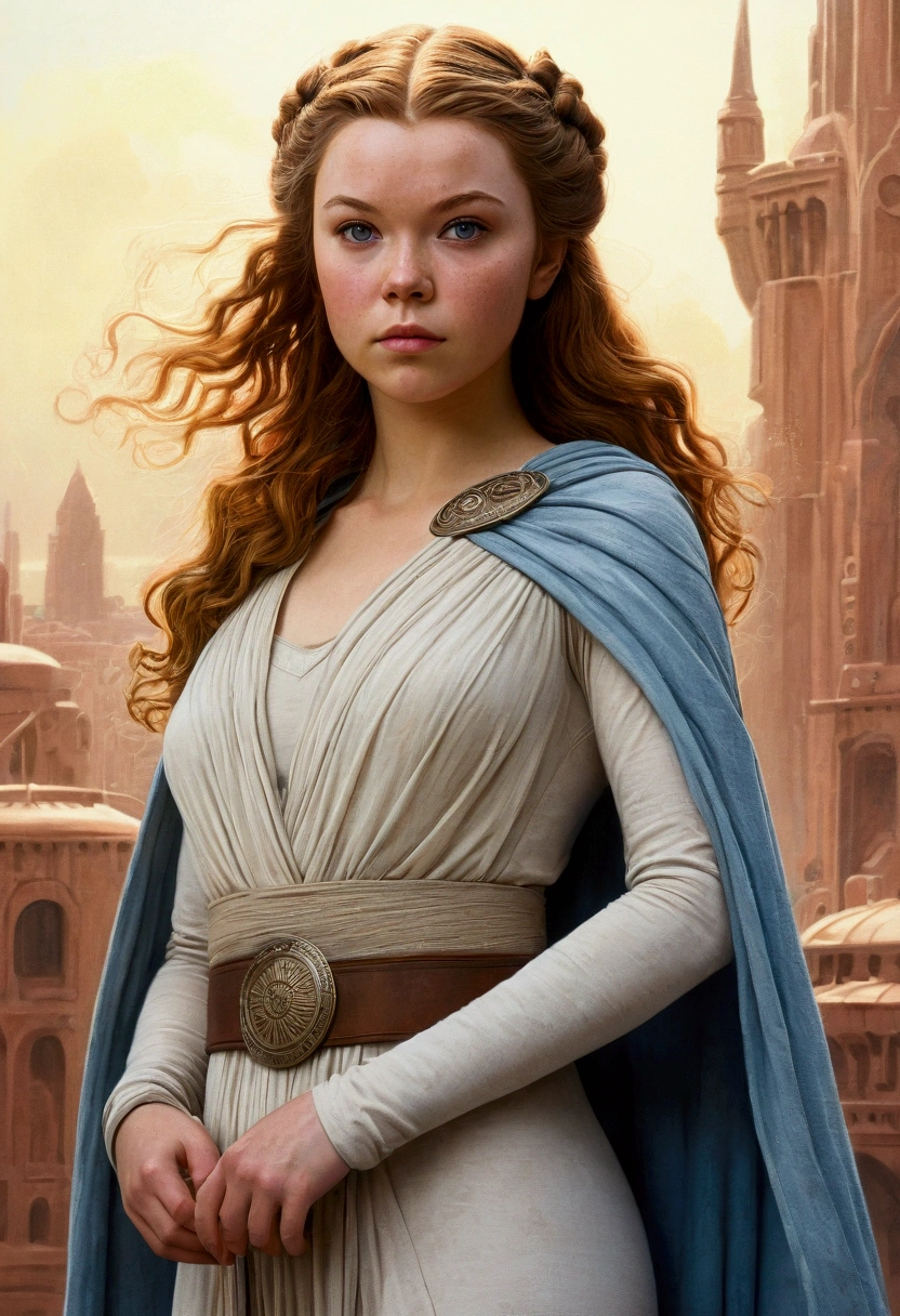 An illustrated movie poster, hand-drawn, full color, a teenage Jedi, 18-years-old, female, wearing a tunic and leggings, athletic hourglass figure, busty bosoms, full wide hips, massive round butt, long shapely legs, ridiculously thick powerful thighs, pale blue eyes, mousy brown hair, thick shaggy bangs, rosy sun-kissed complexion, freckles, resembles Margaery Tyrell, standing above Coruscant, graphite shading, stencil marks, airbrushed acrylic paint, masterpiece, in the style of Drew Struzan