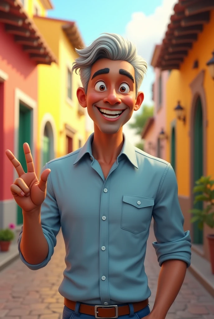 Brazilian man, aged about 52 years, hair grey, ssmile, happy, wearing a light blue dress shirt, making a positive sign with your hand, cartoon pixar style