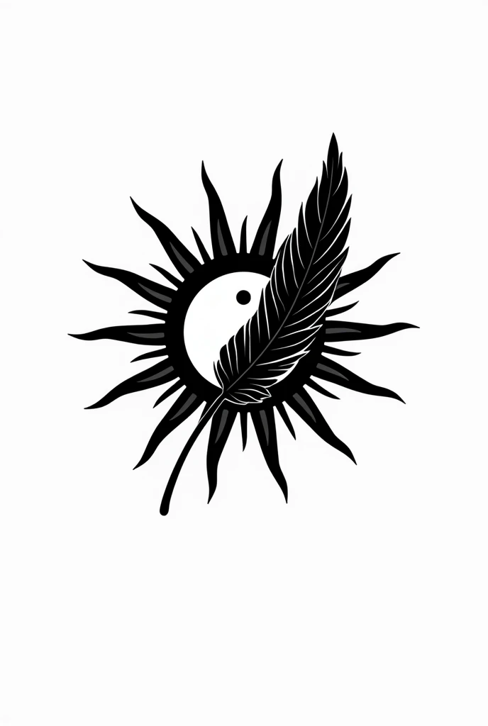 Dessine moi sur un fond blanc un dessin noir et blanc d'un soleil avec 22 rayons droits. Une grand et belle plume de rapace traverse le soleil pour former un Yin et un Yang au centre du soleil