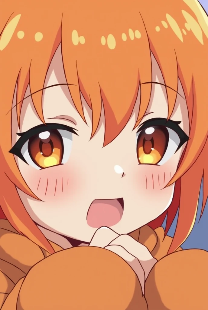 Girl,anime,eyes orange,hair short brown,full body,big breats