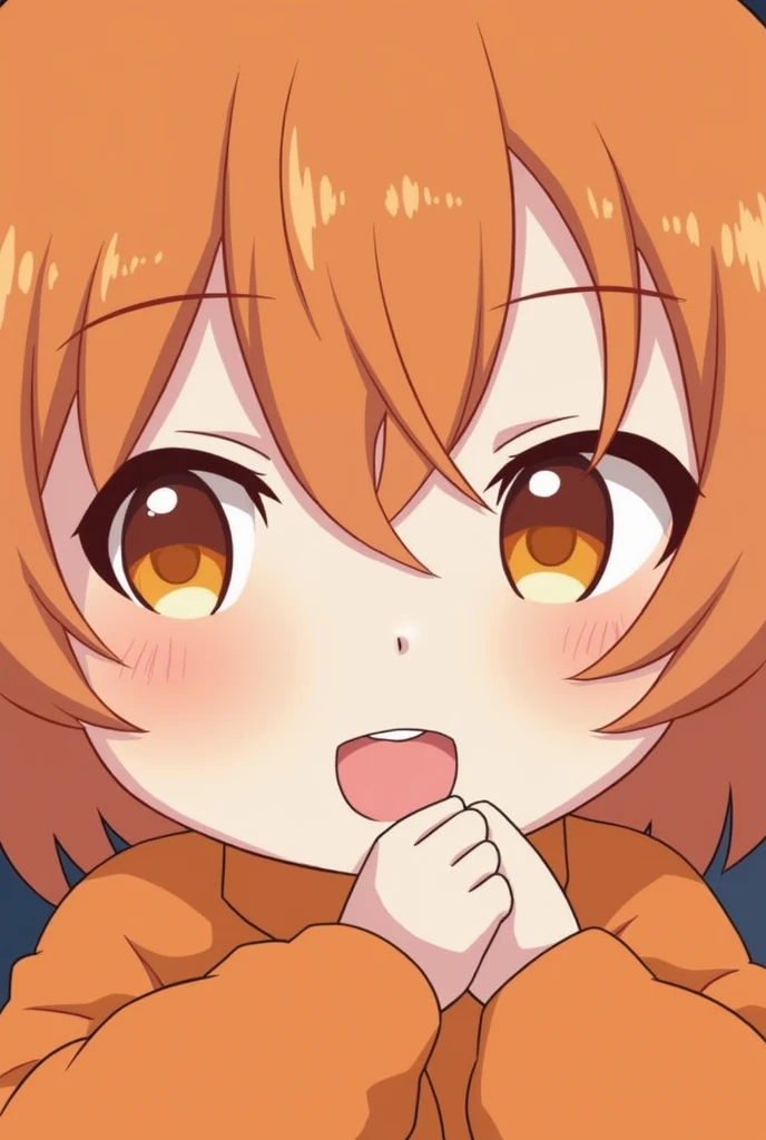 Girl,anime,eyes orange,hair short brown,full body,big breats