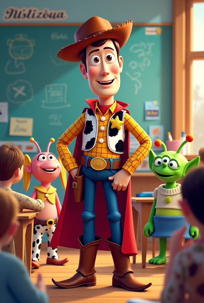 generates an image of a banner with a toy story theme, wody dressed as a teacher, the other characters in a classroom, at the top with the phrase welcome and followed by the phrase Profe Vini, in Latin Spanish.